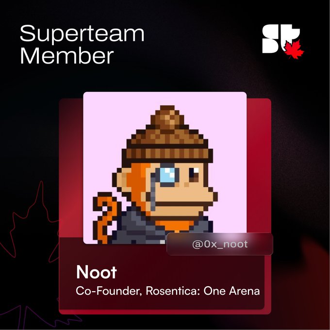 A 'Superteam Member' digital badge showcasing a pixel art character named 'Noot' (@0x_noot), identified as Co-Founder of Rosentica: One Arena.