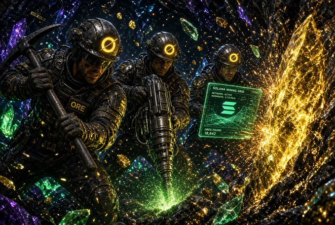 Three rugged miners in tactical gear with glowing "O" helmets wield pickaxes and drilling equipment to extract luminous crystals, while a holographic display reads "SOLANA MINING ORE — ORE FOUND 18,542," visually tying the scene to the post's question about optimal strategies for mining $ORE.