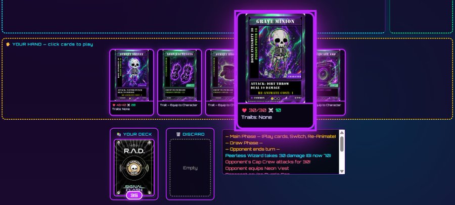 A screenshot of a digital card game interface showing a hand of cards including 'GRAVE MINION' and 'GYPSY RITUAL' with game phase instructions displayed below.