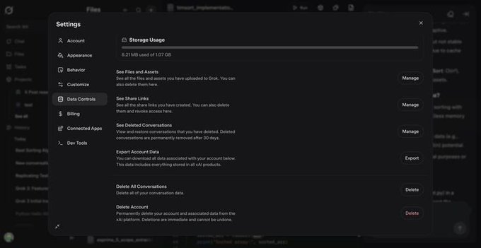 A Settings menu displaying Storage Usage of 8.21 MB out of 1.07 GB, with options to manage files, share links, delete conversations, export account data, and delete the account.