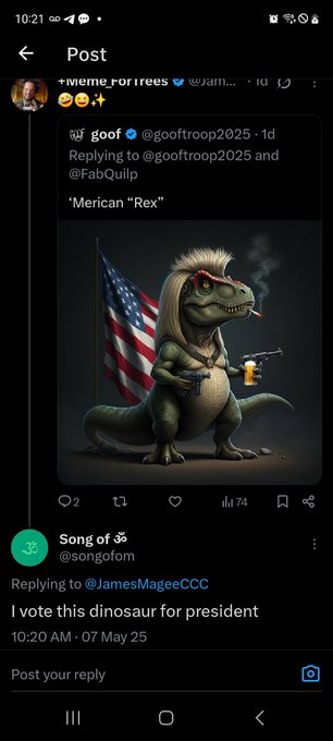 A Twitter/X post screenshot showing an AI-generated image of a 'Merican Rex' dinosaur wearing a mullet, holding an American flag and a gun, with a reply stating 'I vote this dinosaur for president'.