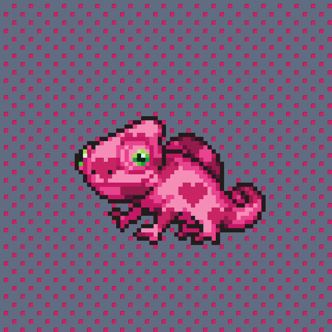 A pixelated illustration of a pink chameleon with green eyes is shown against a gray background covered in a pattern of pink dots.