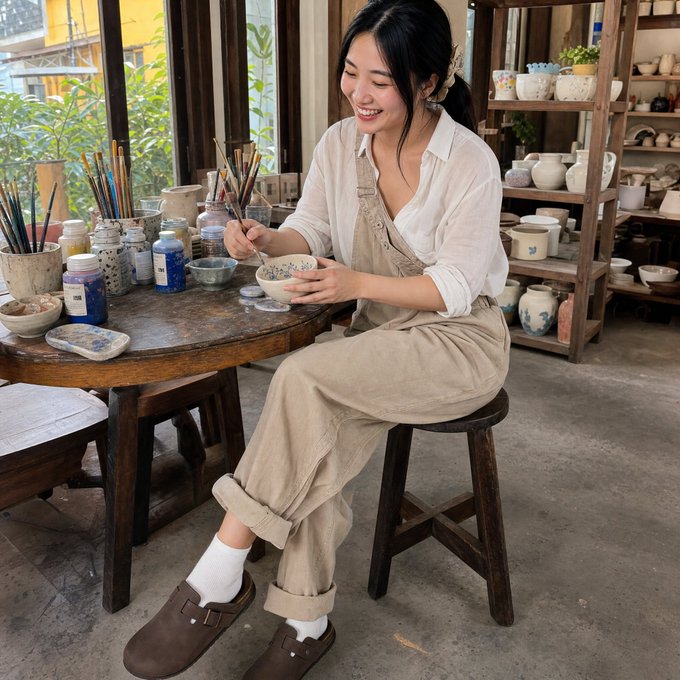 A young woman in an apron paints a small bowl at a pottery studio surrounded by jars of pigments, brushes, and shelves of finished ceramics.

The image of a craftsperson carefully hand-painting a clay vessel and shaping it by hand visually echoes the post's theme of accountability and authenticity—contrasting slow, deliberate, verifiable craftsmanship with the opaque "paper trails" and hidden fuel burn the author criticizes in shipping, where onchain attestation would make each stage as traceable and visible as the artisan's process.
