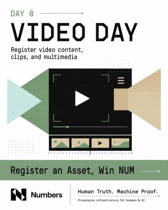 The image features an advertisement for a video day event. The poster displays two images of a camera and a video player, with text that reads "Day 8. theme: Video. take a video of anything. open ProofSnap. use Capture Cam. it registers automatically. one entry. one winner. 1,500 NUM. draw at 19:00 UTC+8." This suggests that the event is focused on promoting video content and encouraging people to create videos for registration purposes. The poster also includes information about how to enter a contest or win an asset in the form of a Numer's logo.