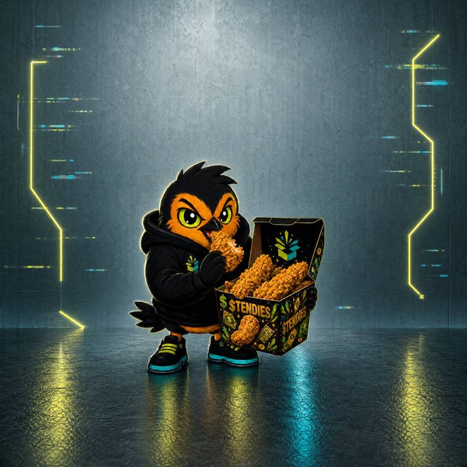 A cartoon-style mascot of a hooded bird/owl character eating from an open box of 'Stendies' snacks in a neon-lit, sci-fi styled room.