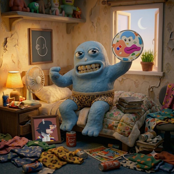 The image features a blue monster sitting on top of a bed with various objects around it. The monster has a large fan next to it, which could be used for cooling purposes or as part of an art installation. There are several books scattered across the room, and a potted plant is placed nearby. A clock can also be seen in the scene.

The post seems to be related to the meme culture, possibly discussing the creation of a meme featuring the monster sitting on the bed with various objects around it. The image could be part of a larger collection or series that includes other memes and artworks.