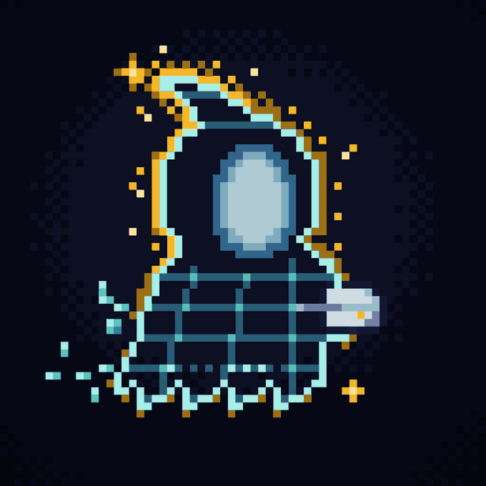 A pixel art illustration of a hooded figure in cyan and orange tones with a glowing white face/mask, depicted breaking out of chains.