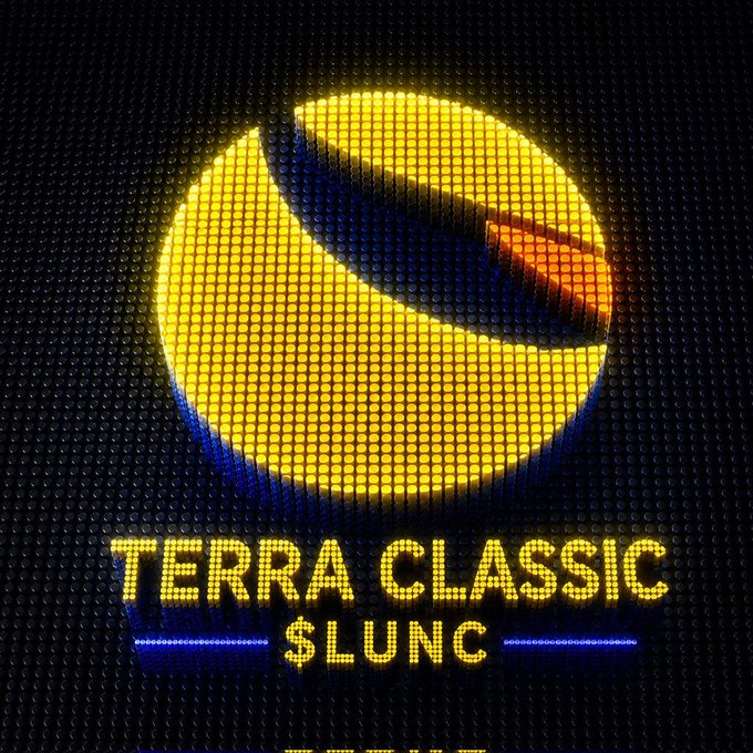 The image displays a glowing LED-style graphic of the Terra Classic ($LUNC) logo—a stylized yellow and orange sphere with a sweeping blue curve—above the text "TERRA CLASSIC $LUNC" set against a dark dotted background. The post's "Coming soon..." teaser aligns with the image's futuristic, illuminated design, suggesting an upcoming announcement or development related to the LUNC cryptocurrency.