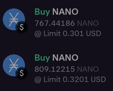 Two cryptocurrency listings to Buy NANO at limits 0.301 USD (767.44186 NANO) and 0.3201 USD (809.12215 NANO).