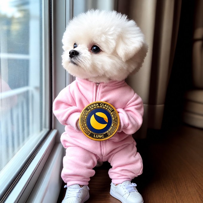 A small white fluffy dog, possibly a Pomeranian or Poodle, wearing a pink onesie and white sneakers stands by a window, with a 'Terra Classic' (LUNC) cryptocurrency coin digitally overlaid on its chest.