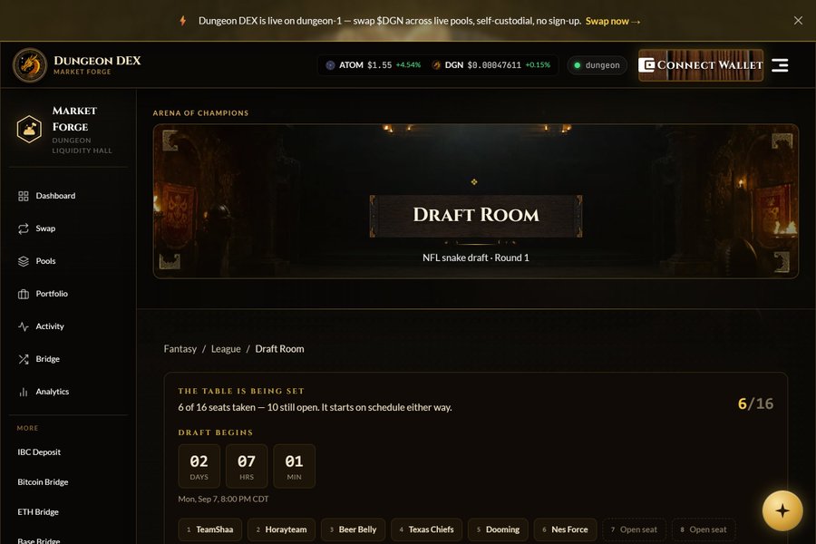 A screenshot of the 'Dungeon DEX Market Forge' website showing a 'Draft Room' for 'NFL snake draft - Round 1' with a countdown timer and team seats including 'TeamShaa', 'Horyateam', and 'Nes Force'.