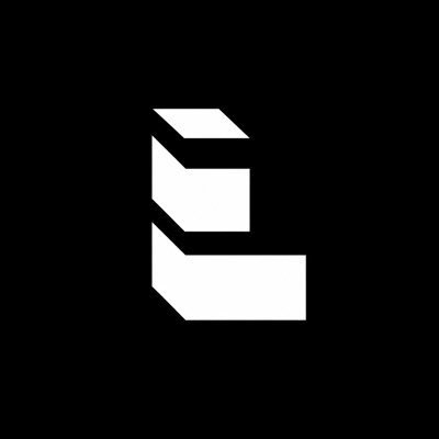 A minimalist logo featuring a white stylized 'E' or geometric design composed of angular shapes on a black background.