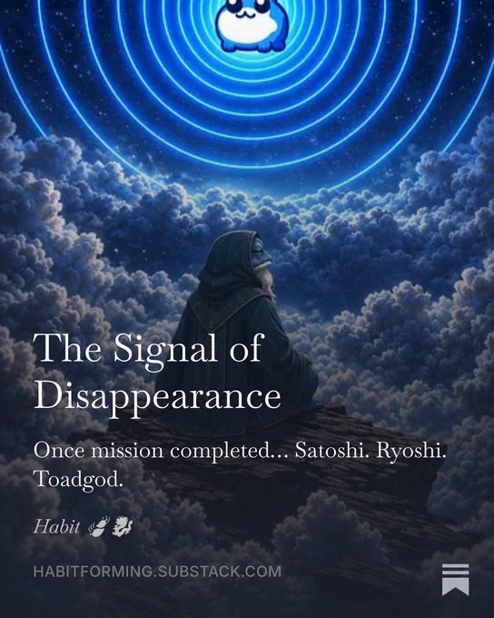 A mysterious hooded figure sitting on a rock above the clouds looking up at a glowing blue portal, with text reading 'The Signal of Disappearance' from habitforming.substack.com.