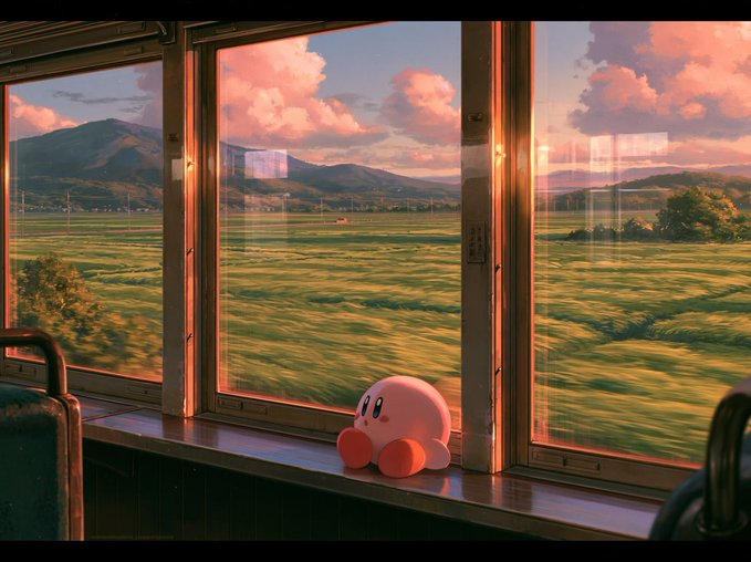 An anime-style illustration of a pink Kirby-like character sitting on a wooden windowsill inside a train, looking out at a sunlit grassy landscape with mountains and pink clouds.