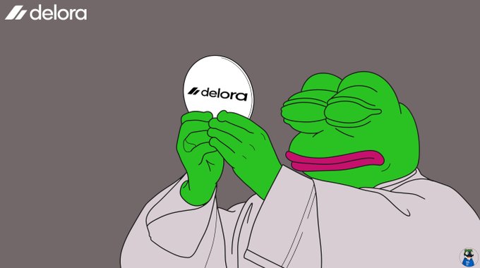 An illustration of the green Pepe the Frog character holding a compact mirror with the 'delora' logo, set against a gray background with the 'delora' watermark in the top-left corner.