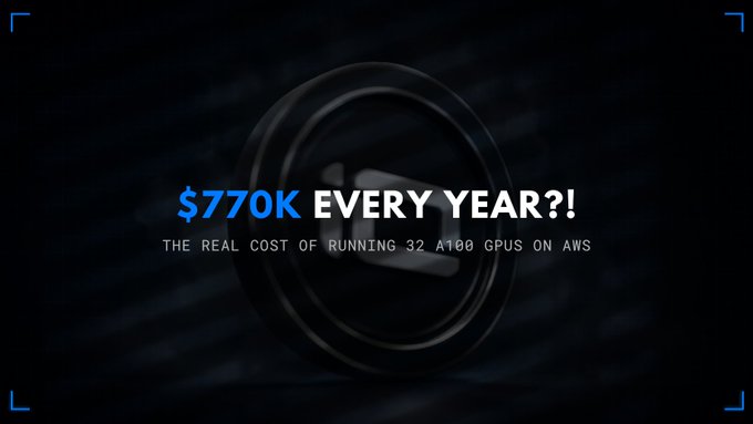 The image features a dark background with text reading "$770K EVERY YEAR?! THE REAL COST OF RUNNING 32 A100 GPUS ON AWS," highlighting the expensive annual cost of operating 32 NVIDIA A100 GPUs on AWS cloud services, which ties into the post's point about hidden compute expenses and io.net's mission to offer more affordable AI compute alternatives.