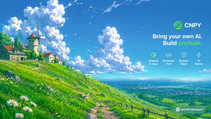 A serene anime-style landscape featuring a windmill on a hilltop under bright blue skies, overlaid with the CNPY branding and tagline "Bring your own AI. Build onchain." alongside features like "Shipped in days," "Developer First," "Modular Stack," and "AI Native" — visually evoking the post's theme of AI sovereignty and freedom, mirroring the frontier imagery of full control over one's own AI infrastructure.