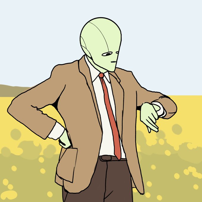 An illustrated image of an alien character wearing a brown trench coat, white shirt, and red tie, standing in a yellowish landscape.