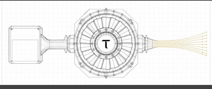 A technical line drawing of a mechanical device with a central 'T' emblem, featuring a circular main body with radial lines, connected to a side panel and fanning out into multiple wires on the right.