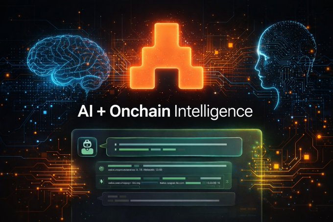 A digital graphic displays the text 'AI + Onchain Intelligence' below an orange symbol flanked by a blue wireframe brain and head. Below, a stylized interface panel shows data including 'wormhole.sequence: tx-78-9c00e9c0...' and 'web3.audit+insight: 33.3g'.