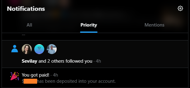 A dark-themed social media notifications panel showing 'SevilaY and 2 others followed you' and a 'You got paid!' notification.