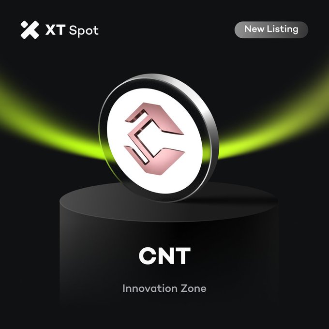A promotional graphic for XT Spot announcing the new listing of $CNT (CENTEL) token in the Innovation Zone, featuring the CENTEL logo on a black pedestal with green accent lighting, matching the upcoming August 4, 2026 trading launch announcement.