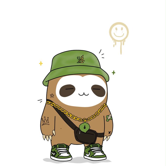 A cartoon illustration depicts a brown sloth-like character wearing a green bucket hat, gold chain, crossbody bag, and green sneakers, with a smiley face balloon floating nearby.