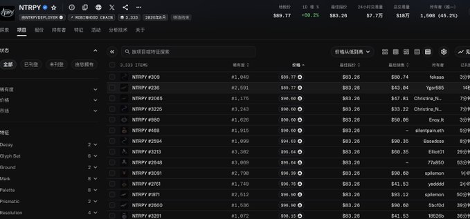 The image shows a Robinhood trading screen displaying the NTRPY token with a current price of $89.77 (up 60.2%), last sale of $83.26, and 24-hour volume of 1,608 (45.2%), listing various cryptocurrency pairs. This aligns with the post celebrating that the token has "3x'd" with a market cap near $330k, as the substantial 60.2% price increase and notable trading volume reflect the significant gains the poster claims to have led followers to.