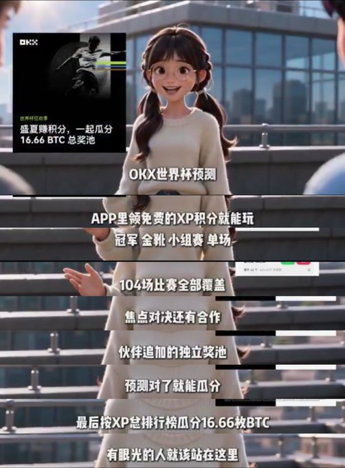 The image shows a smiling animated girl with pigtails standing on stairs, promoting OKX's World Cup prediction event with free XP points and a 16.66 BTC prize pool covering all 104 matches.

The caption references the promotional text about borrowing copy from Star/OKX Chinese, highlighting the risk-free gambling aspect of the XP prediction game where users can win BTC prizes by guessing match outcomes.