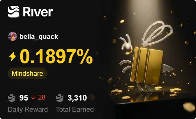 The image features a post from Riverbank on social media that has been shared by someone named Bella Quack. The post includes an illustration of a bee with wings spread out, surrounded by gold coins. The post also contains text about the user's score in a game and how much they have earned.