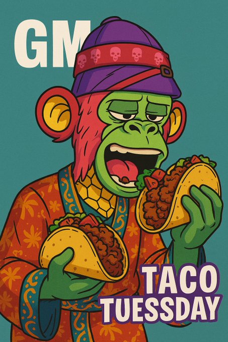 A cartoon green monkey wearing a purple cap with a skull-patterned band and an orange floral shirt enthusiastically devours two tacos, with the text "GM" in the upper left and "TACO TUESDAY" in the lower right, matching the post's cheerful greeting.