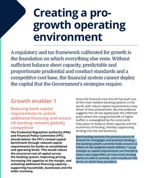 The image is a document or report page titled "Creating a pro-growth operating environment," discussing regulatory and tax frameworks for UK Finance, including Growth Enabler 1 focused on reducing bank capital requirements through PRA adjustments. It relates to the accompanying post by highlighting UK Finance's call for reform to unlock capital for growth, which could complement tokenized finance initiatives involving projects like $QNT, $LINK, $HBAR, and $XRP.