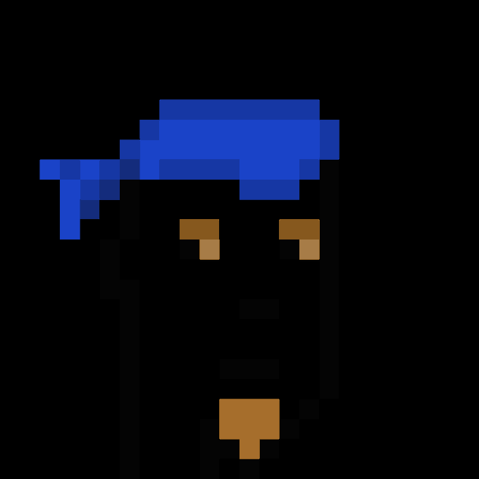 A simple pixel art portrait of a character with blue hair/blocky head against a black background, featuring orange/gold pixel eyes and mouth.