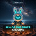 A glowing, icy-blue mask artifact floats above a sandy landscape with the text "14% OF THE SPOTS ARE GONE" and "@RabbitHole" branding, serving as a promotional graphic that ties into the post announcing a raffle winner receiving a legendary chest.