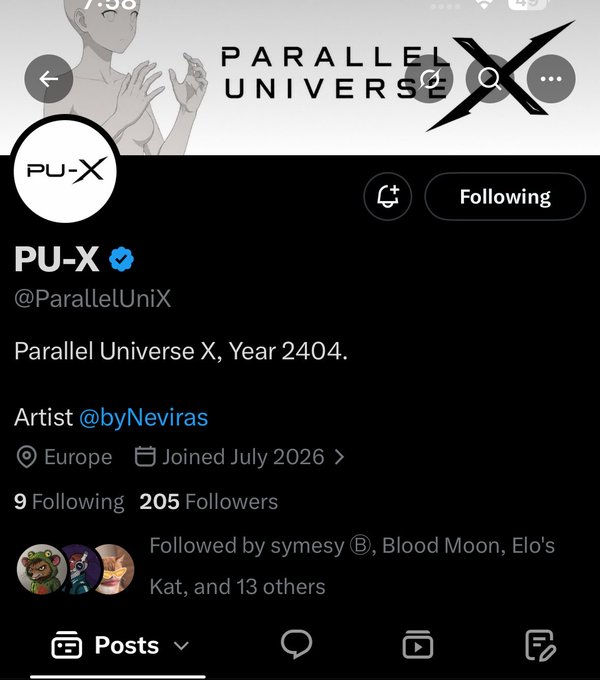 Twitter profile for PU-X (@ParallelUniX) with the bio 'Parallel Universe X, Year 2404' and credited artist @byNeviras, located in Europe, joined July 2026.