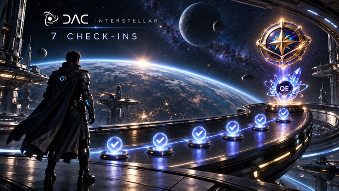 Digital artwork showing a cloaked figure overlooking Earth from a futuristic space station with a glowing check-in path featuring seven blue checkmark icons and text 'DAC INTERSTELLAR 7 CHECK-INS' and 'QE'.