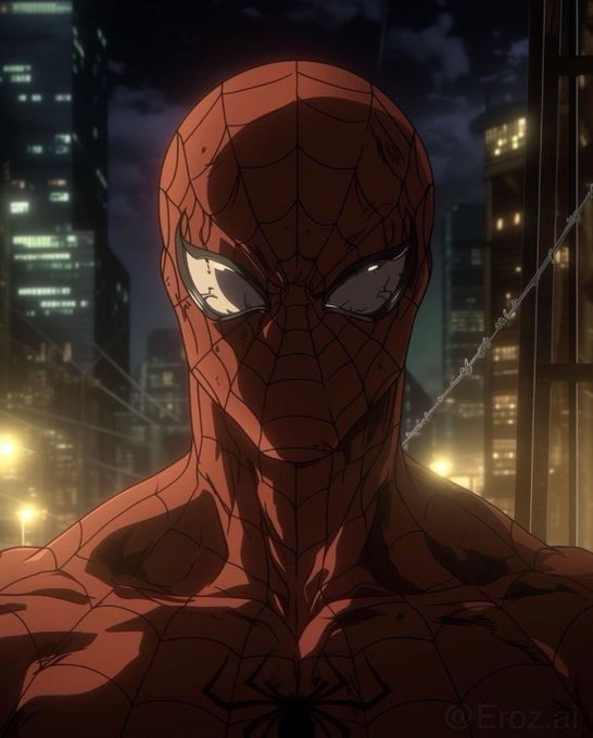 A close-up anime-style illustration of Spider-Man in his classic red and blue costume against a nighttime cityscape background, with glowing white eyes and a watermark '@Eroz.ai' in the bottom right corner.