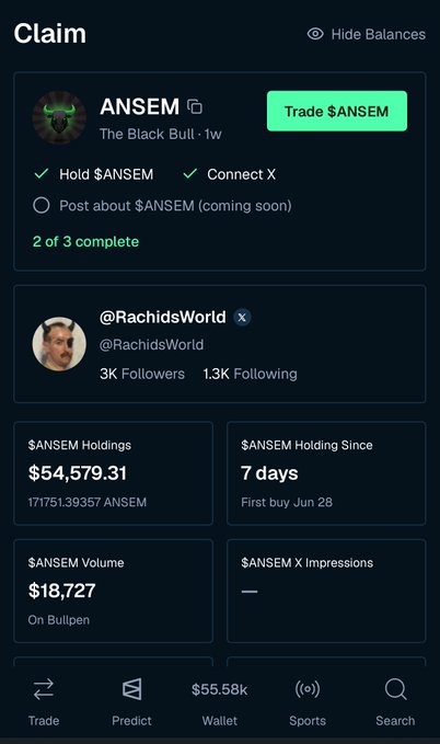 A BullpenFi app interface displays an "$ANSEM" token claim page for user @RachidsWorld, showing $54,579.31 in holdings (17,175,139,357 ANSEM) and 2 of 3 claim conditions complete (Hold $ANSEM and Connect X). The page also displays $18,727 in trading volume on Bullpen, supporting the post's recommendation to import wallets to BullpenFi to access token holder incentives.