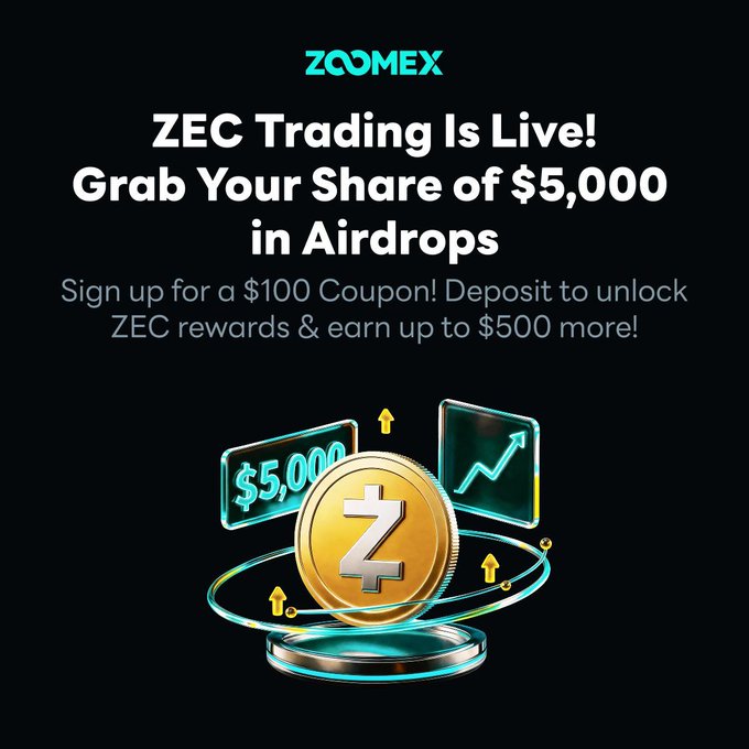 The image is a ZOOMEX promotional ad announcing "ZEC Trading Is Live!" with a $5,000 airdrop campaign, featuring a golden Zcash coin graphic and text inviting new users to sign up for a $100 coupon and earn up to $500 more in rewards via deposits and trading activity.