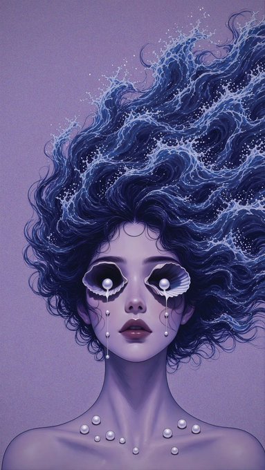 A digital illustration depicts a purple-skinned woman with flowing blue hair that transitions into ocean waves, featuring shells over her eyes and pearl-like beads on her skin against a lavender background.