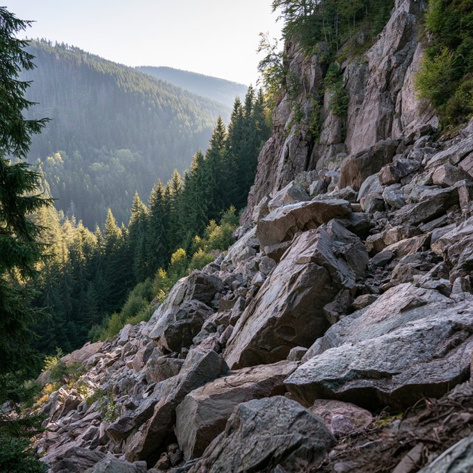 A rugged mountain slope strewn with large, jagged boulders descends into a dense pine forest, with forested ridges visible in the hazy distance. The scene of rough, unforgiving terrain connects metaphorically to "gm" as a hearty greeting to start the day, embracing the wild, adventurous spirit of a morning in the mountains.