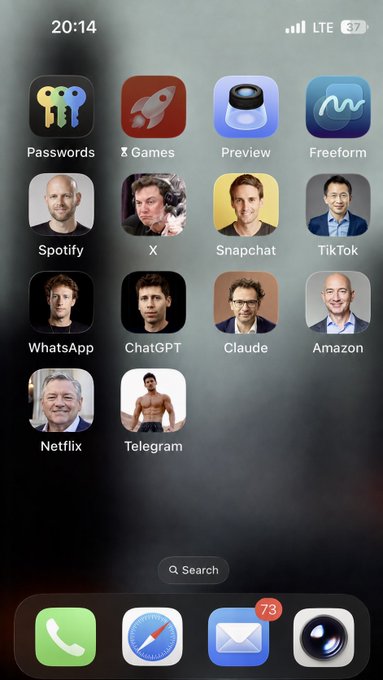 The image shows a cell phone screen displaying various app icons, including a music app, a messaging app, and an app for searching the web. There are also several other apps visible, such as a game app with multiple players and a chat app with a chatbot feature. The background of the image is black, which contrasts with the white text on the screen. The post mentions that there's a fixed @telegram in the image, possibly indicating an issue or a message related to the app icons displayed on the phone screen.