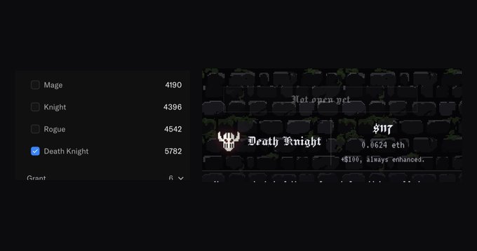 The image shows a digital marketplace where the "Death Knight" trait is listed for $117 (0.0624 ETH), marked as "Not open yet" with a note of "+$100, always enhanced" and a ranking of 5782, alongside other traits like Mage (4190), Knight (4396), and Rogue (4542). The screenshot illustrates the poster's point about irony: despite Death Knight being designed as the rarest and priciest option, its high price ironically made it a common choice among degens behaving like it's 2021.