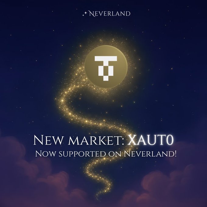 A promotional graphic for 'NEVERLAND' announcing 'NEW MARKET: XAUTO - NOW SUPPORTED ON NEVERLAND!' featuring a glowing Tether (USDT) logo against a starry night sky.