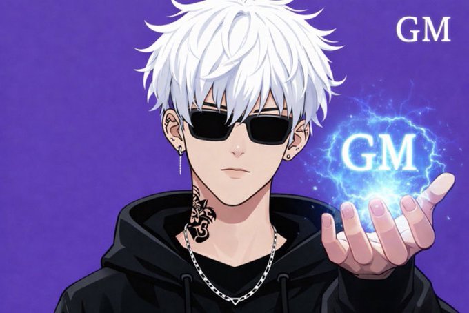 Anime-style digital art of a white-haired male character wearing sunglasses and a black hoodie, conjuring a blue energy orb with the letters 'GM'.