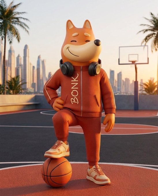 3D rendered Shiba Inu character wearing an orange 'BONK' tracksuit with headphones, posing with a basketball on an outdoor court with a city skyline backdrop.
