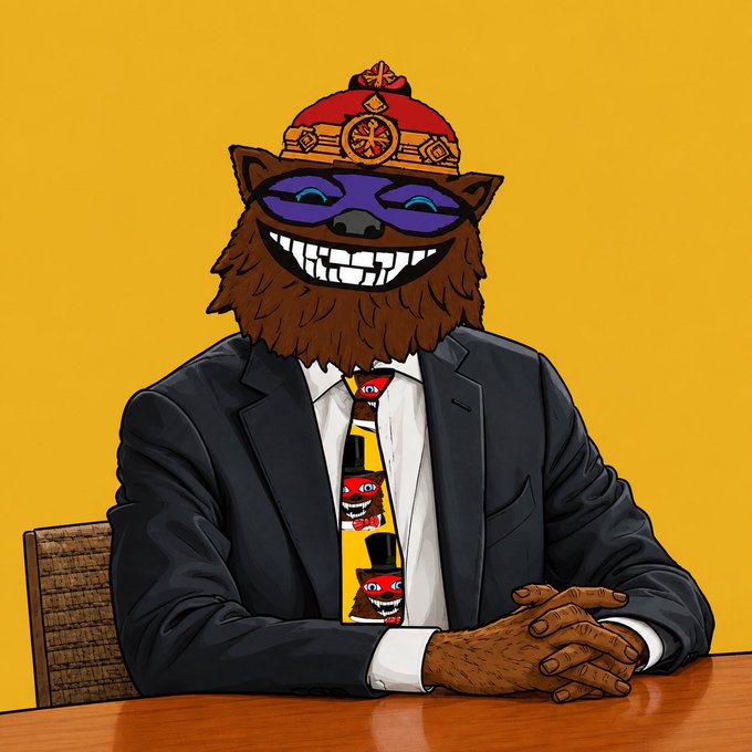 An illustrated anthropomorphic bear wearing a suit and tie sits confidently at a desk, sporting purple shades and an ornate red-and-gold cap. The tie features repeating images of the same grinning bear character, visually tying into the bullish "GN GN" market sentiment expressed for $BEAR and $XRP on the XRPL.