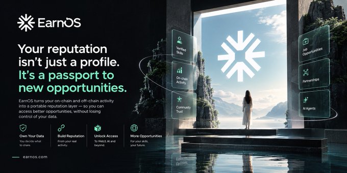 Promotional graphic for EarnOS, stating 'Your reputation isn't just a profile. It's a passport to new opportunities,' showing a woman looking through a portal at various benefits like Verified Skills, On-chain Activity, and Partnerships.