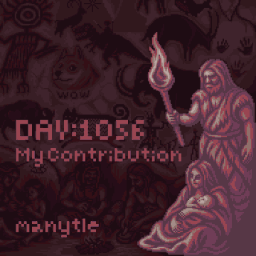 Dark, gritty digital artwork titled 'DAY:105E MyContribution' by manytle, featuring a hooded figure holding a torch and a group of hooded figures with a 'WOW' speech bubble, rendered in red and black tones.