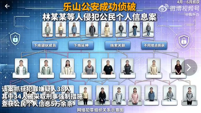 A Chinese police infographic from Weibo Video shows a suspect relationship diagram for a Leshan Public Security case, with the headline "乐山公安成功侦破林某某等人侵犯公民个人信息案" and photos of multiple individuals organized in a hierarchy.